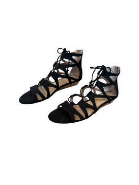 Crown Vintage Black Strappy Gladiator Lace-Up Roman Sandals Size 10
